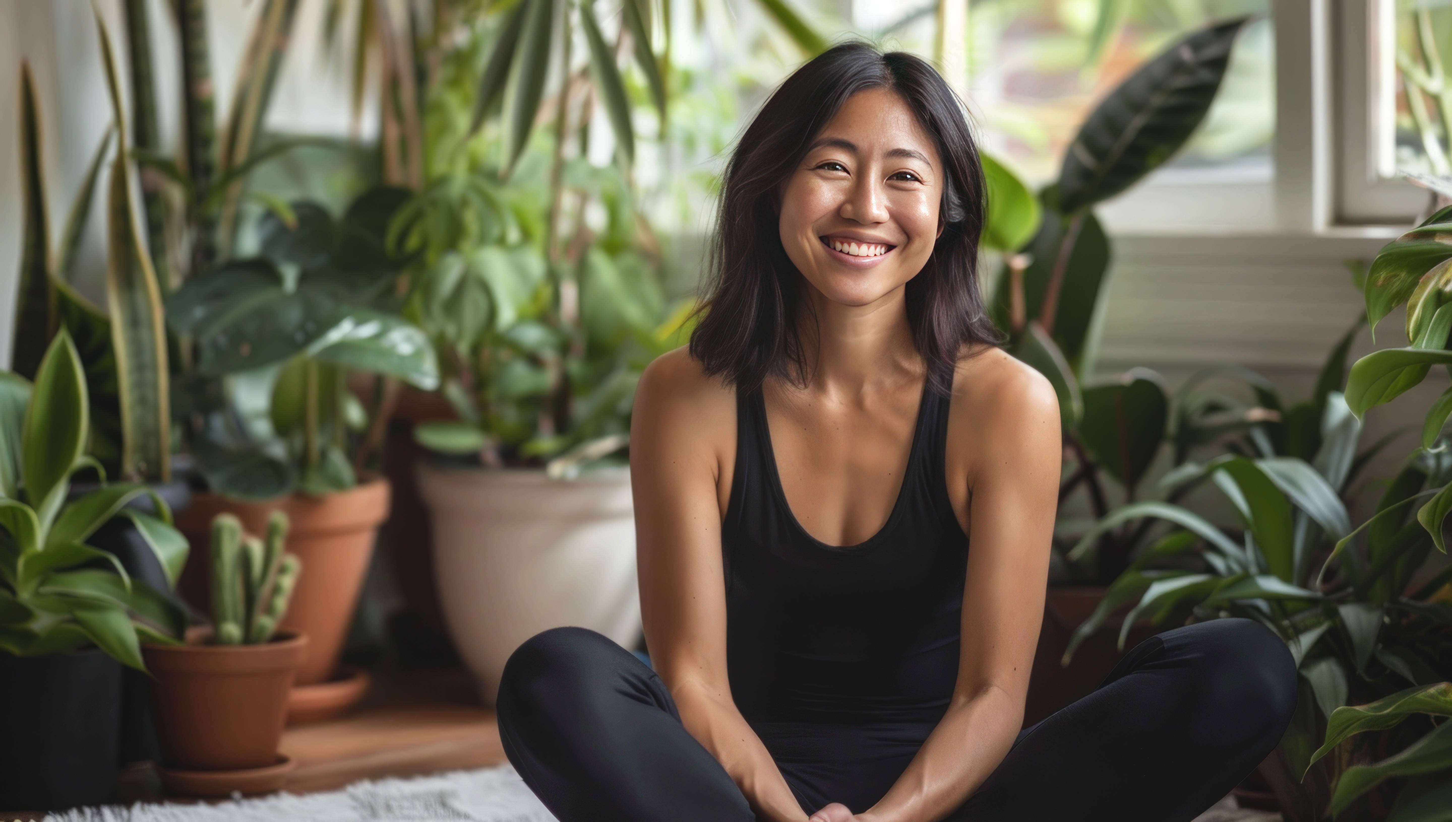 Woman seated among plants in a peaceful wellness setting